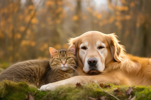 En gros plan, un chat et un chien allongés ensemble.