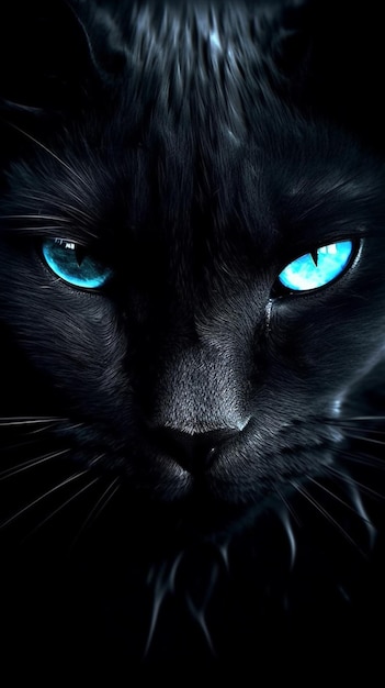 Un gros plan d'un chat noir aux yeux bleus et un fond noir ai génératif