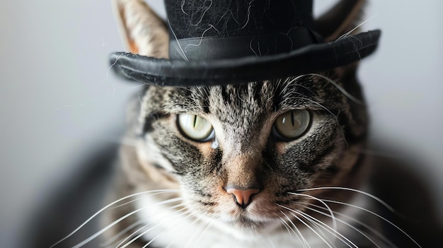 Un gros plan d'un chat portant un chapeau noir Le chat regarde la caméra avec une expression curieuse