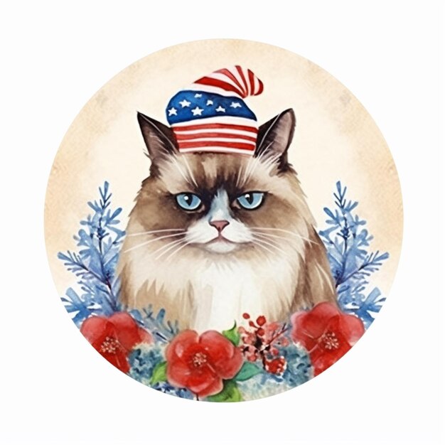 Un gros plan d'un chat portant un chapeau patriotique avec des fleurs génératives ai