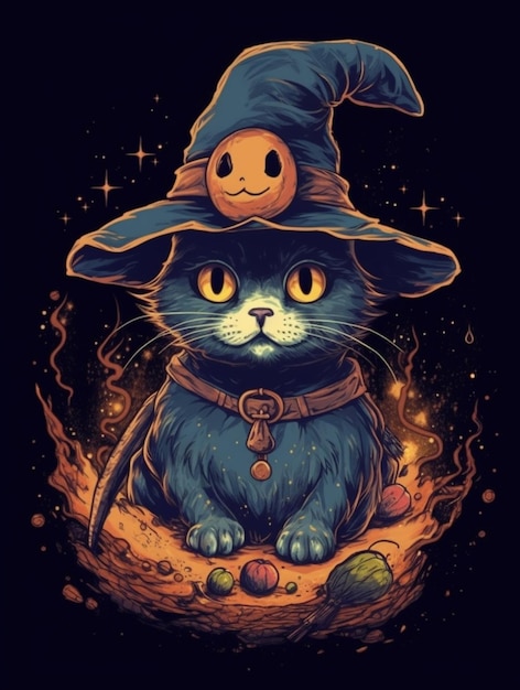 Photo un gros plan d'un chat portant un chapeau de sorcière et une ia générative de citrouille