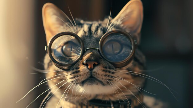 Un gros plan d'un chat portant des lunettes Le chat regarde la caméra avec une expression curieuse