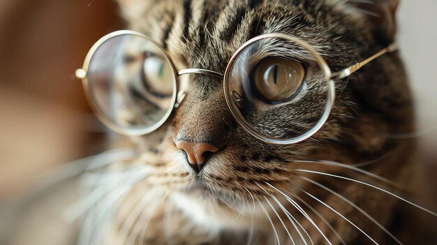 Un gros plan d'un chat portant des lunettes à cornes Le chat regarde la caméra avec une expression curieuse