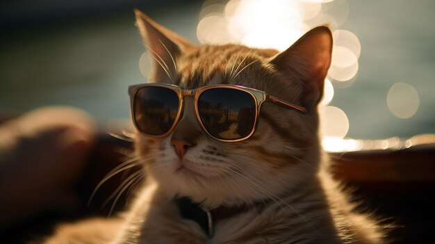 Photo gros plan d'un chat portant des lunettes de soleil sur la plage au coucher du soleil illustration générative ai