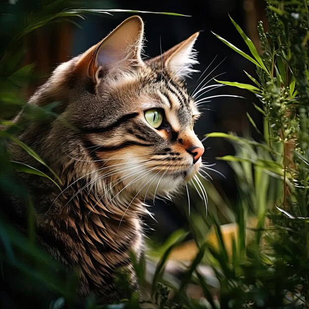 Un gros plan d'un chat près de certaines plantes