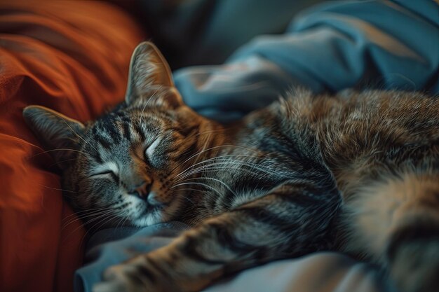 Un gros plan d'un chat qui dort sur un lit