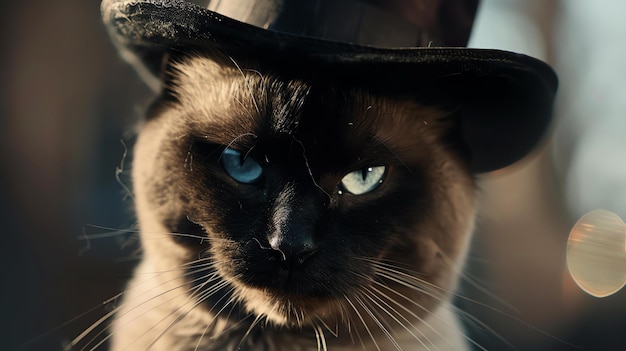 Photo un gros plan d'un chat siamois portant un chapeau noir le chat regarde la caméra avec ses yeux bleus