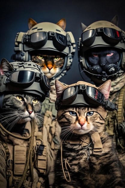 Un gros plan de chat en uniforme militaire avec casque et lunettes générative ai