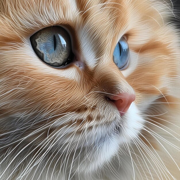 Un gros plan d'un chat avec des yeux bleus et une moustache blanche sur son visage et un fond noir un