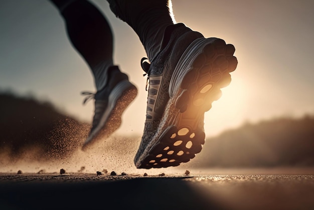 Gros plan de chaussures coureur de pied d'athlète courant dans la rue au soleil le matin ai générative