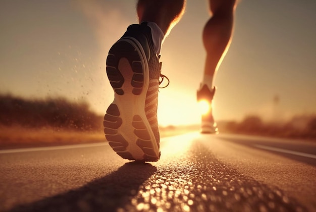 Gros plan de chaussures coureur de pied d'athlète courant dans la rue au soleil le matin ai générative