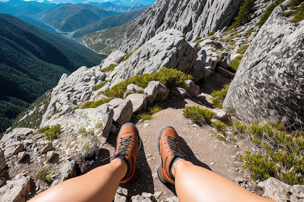 Gros plan des chaussures de trekking d'un randonneur traversant une zone montagneuse assis les jambes pendantes