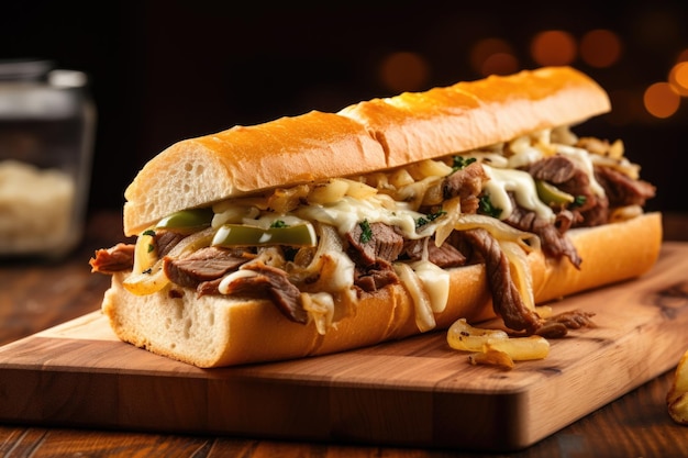 Gros plan d'un cheesesteak philly juteux sur une planche à découper en bois