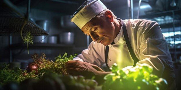 Gros plan d&#39;un chef masculin concentré garnir la nourriture dans la cuisine