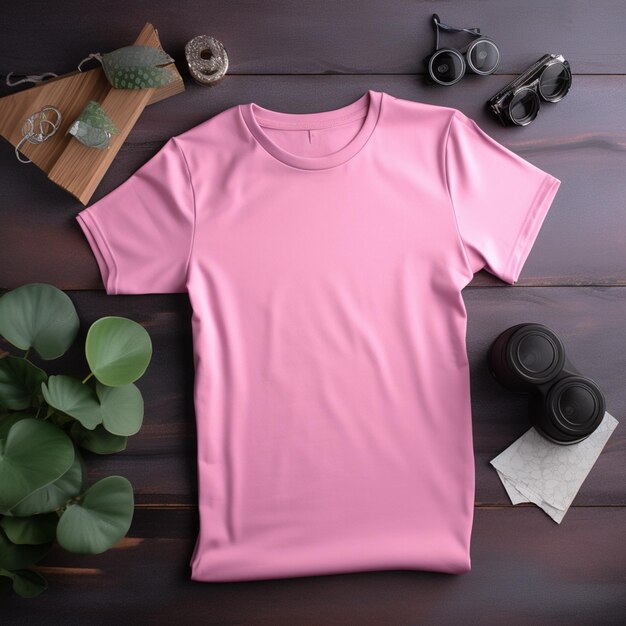 Un gros plan d'une chemise rose et une paire de lunettes de soleil sur une table ai générative