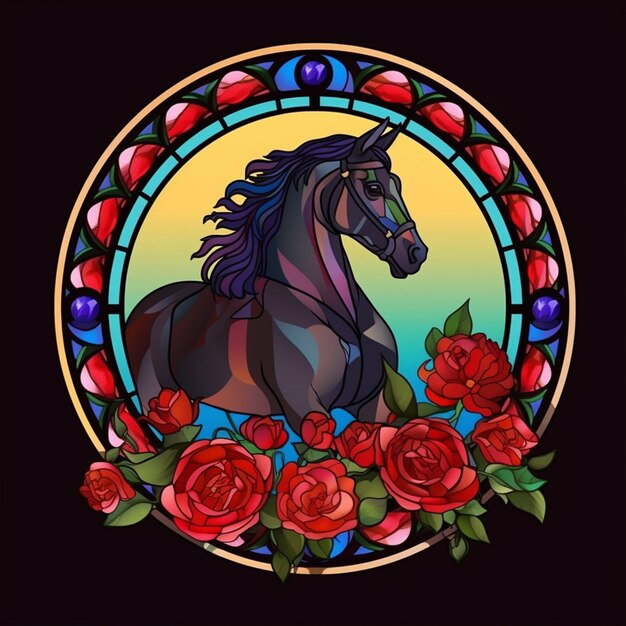 Photo un gros plan d'un cheval dans un vitrail avec des roses générative ai