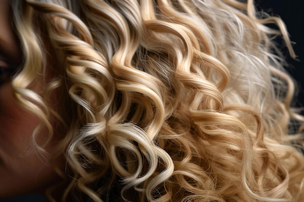 Gros plan de cheveux blonds bouclés sans visage Vue latérale d'une belle femme blonde aux longs cheveux ondulés Image générée par l'IA