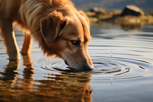 Gros plan d'un chien assoiffé étanche sa soif depuis la rive ondulante du lac