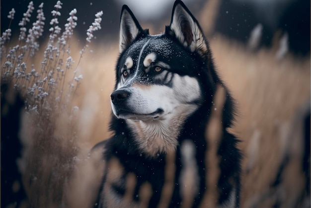 Gros plan d'un chien dans un champ d'herbes hautes