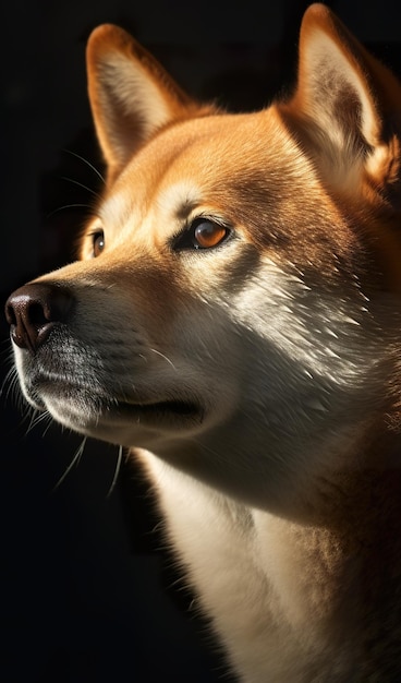 Un gros plan d'un chien avec un fond noir Image AI générative Portrait de chien Shiba inu