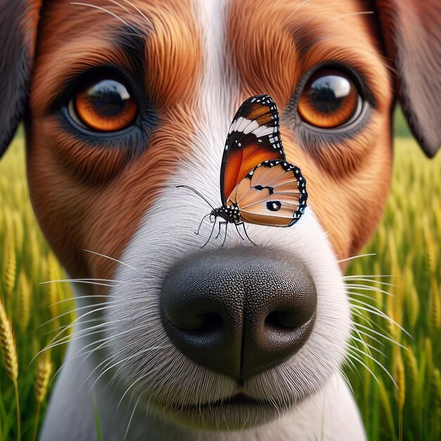 Un gros plan d'un chien Jack Russell avec un papillon dans le nez