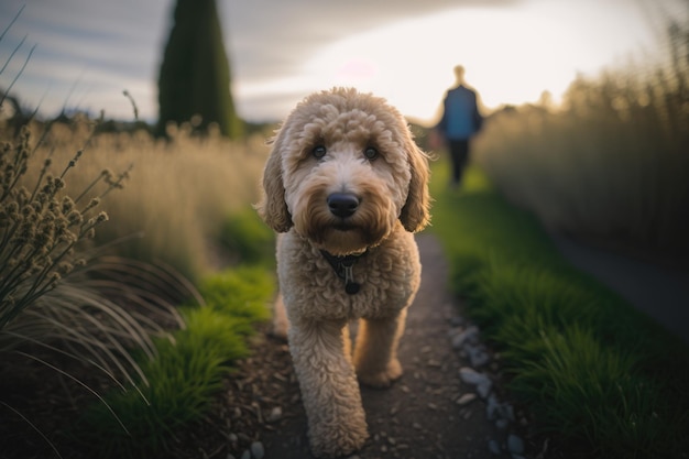 Gros plan chien Labradoodle jaune marchant vers l'IA générative de la caméra