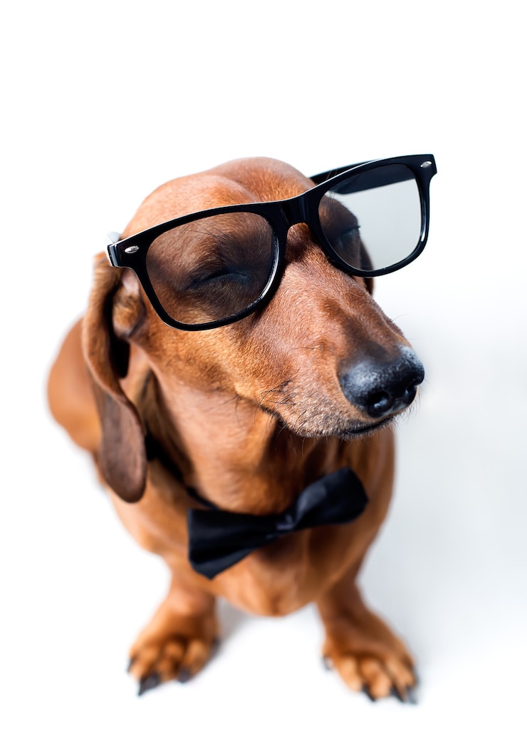 Photo gros plan sur le chien avec des lunettes et un noeud papillon isolé