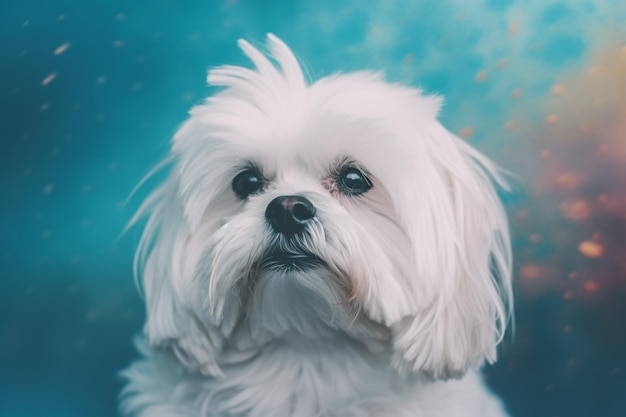 Gros plan d'un chien maltais avec un fond bleu pastel Photo de mode chien IA générative