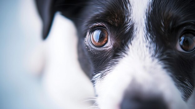 Un gros plan d'un chien noir et blanc avec des yeux bruns ai