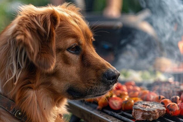 Un gros plan d'un chien près d'un gril