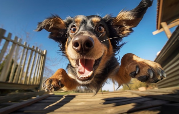 Un gros plan d'un chien sautant en l'air