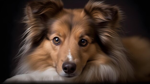 Gros plan d'un chien Sheltie aux cheveux longs et bruns regardant la caméra avec une prise de vue en studio isolée sur fond sombre