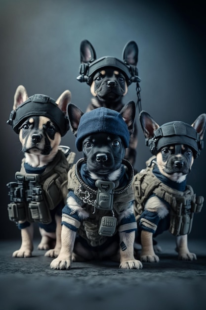 Un gros plan de chiens de groupe en uniformes militaires générative ai