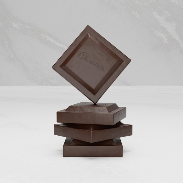 Gros plan de chocolat noir de rendu 3D sur fond de marbre blanc