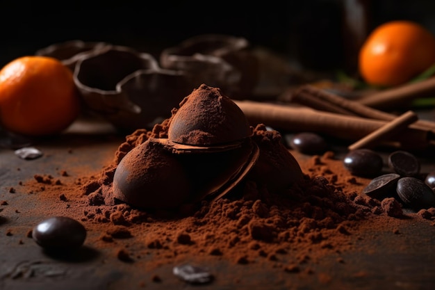 Un gros plan de chocolats dans un tas de cannelle et de cannelle sur la table