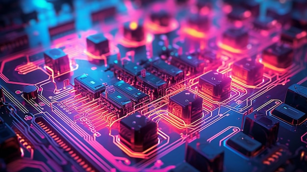 Gros plan d'un circuit à puce à l'intérieur d'un ordinateur avec des néons en détail AI générative