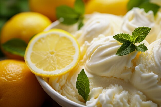 Un gros plan de citron juteux sur une crème glacée crémeuse magnifiquement rafraîchissante