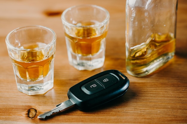 Gros plan sur des clés de voiture et un rhum alcoolisé sur la table concept d'alcoolisme et de conduite