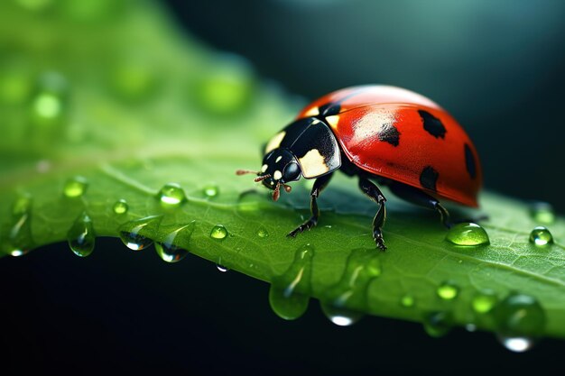 gros plan coccinelle sur feuille avec des gouttelettes d'eau sur fond nature flou