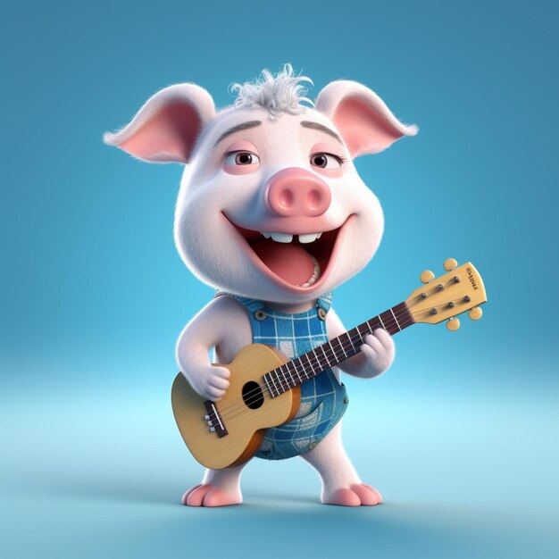 Un gros plan d'un cochon avec une guitare dans la main