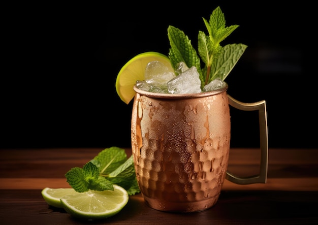 Photo gros plan d'un cocktail moscow mule mettant en valeur l'effervescence et la garniture au citron vert