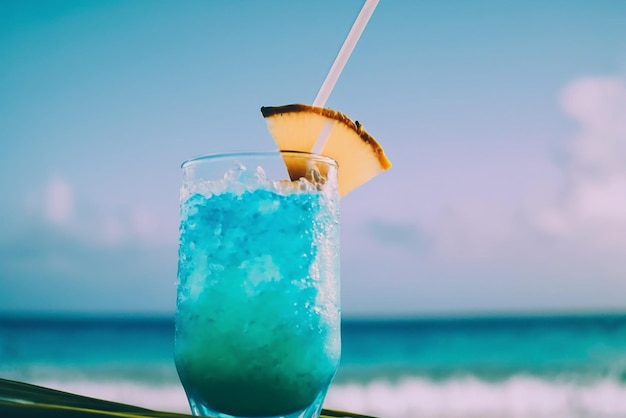 Gros plan, de, cocktail, sur, plage, bleu, océan, fond, illustration, générative, ai