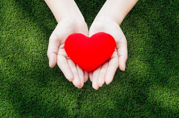 Gros plan coeur rouge dans les mains de la femme