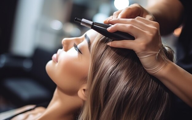 Gros plan d'un coiffeur dans un salon moderne faisant une coupe de cheveux