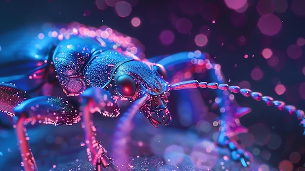 Photo un gros plan d'un coléoptère bleu et violet brillant avec des taches roses brillantes sur son corps