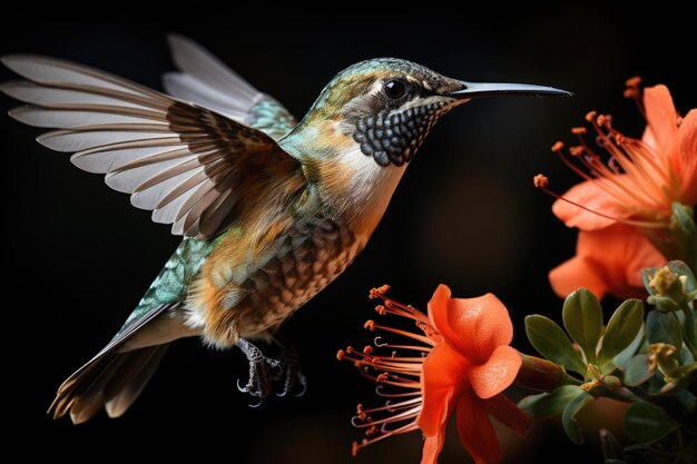 un gros plan d'un colibri qui plane au-dessus d'une fleur