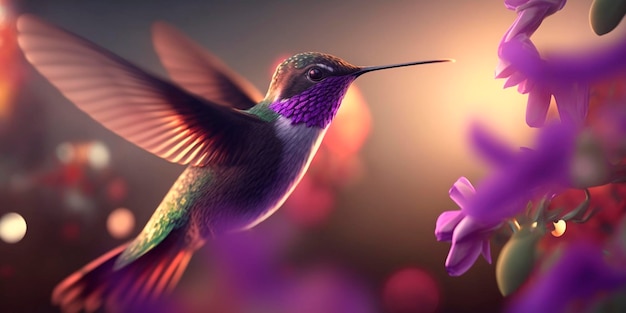 Gros plan de colibri volant dans le schéma de couleurs violet Illustration générée par l'IA