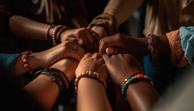 Gros plan sur des collègues souriants tenant ensemble des bracelets générés par l'IA