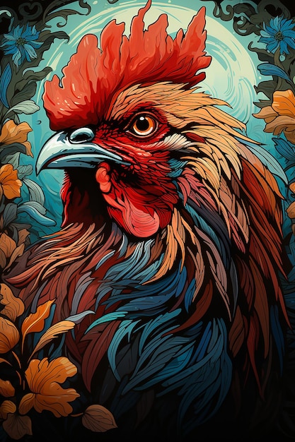 Gros plan coloré coupe lino illustration d'un coq plumes très détaillées