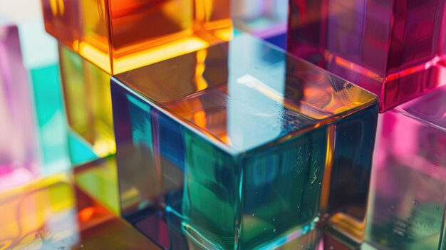 Un gros plan coloré d'un cube de verre diversifié un délice artistique